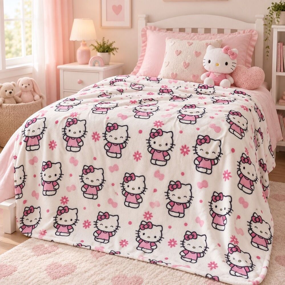 Hello Kitty Flower Daisy Bow White Blanket Soft Plush Throw 60" x 70"